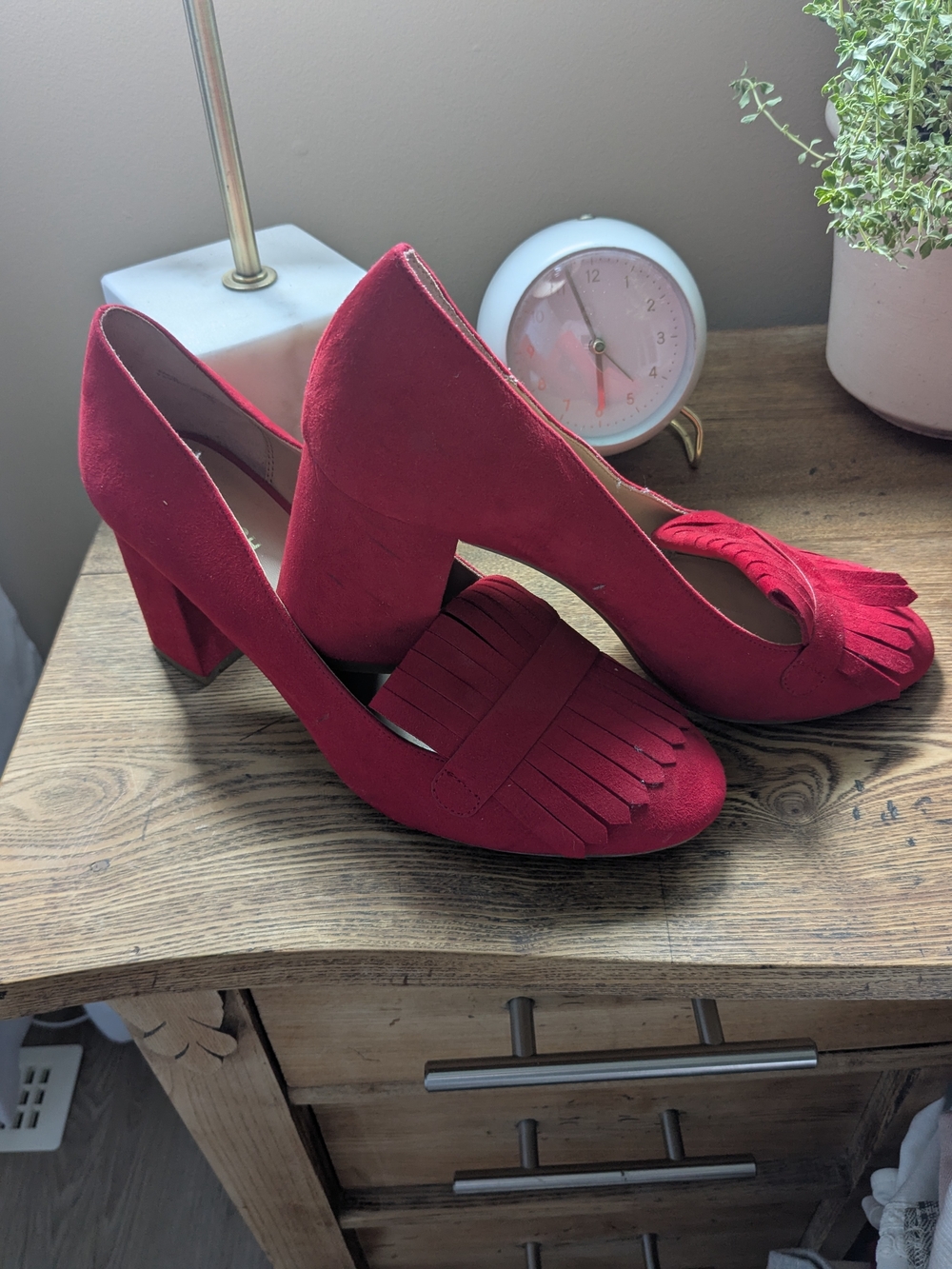Joe Fresh Red Suede Fringe Block Heel Loafers